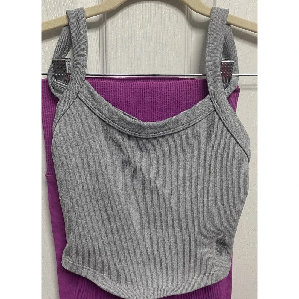 Free People Movement Women Ribbed Hot Pink Leggings & Gray Sports Bra Set XS